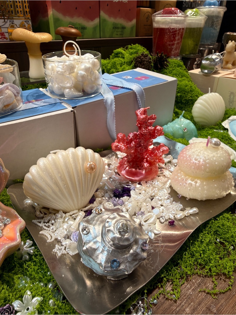 Ocean-Themed Decorative Candle Set in Pearl, Coral & Silver Tones